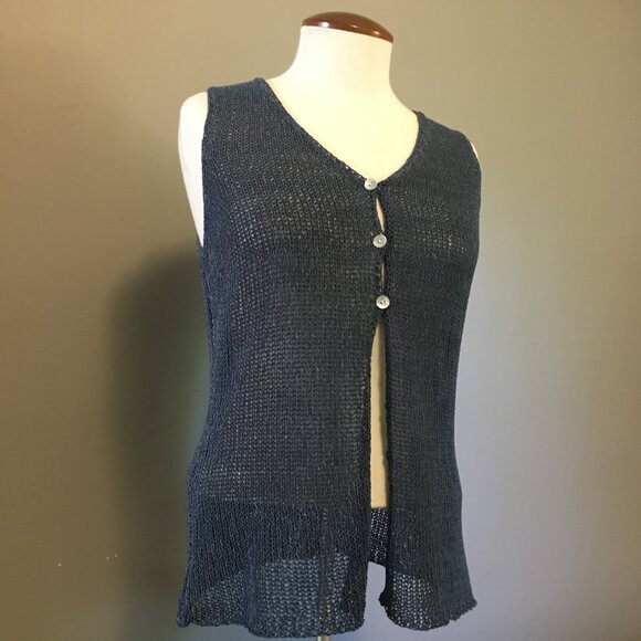 Vintage Colour Works Blue Sleeveless Mother of Pearl Button Knit Cardigan - Picture 2 of 14